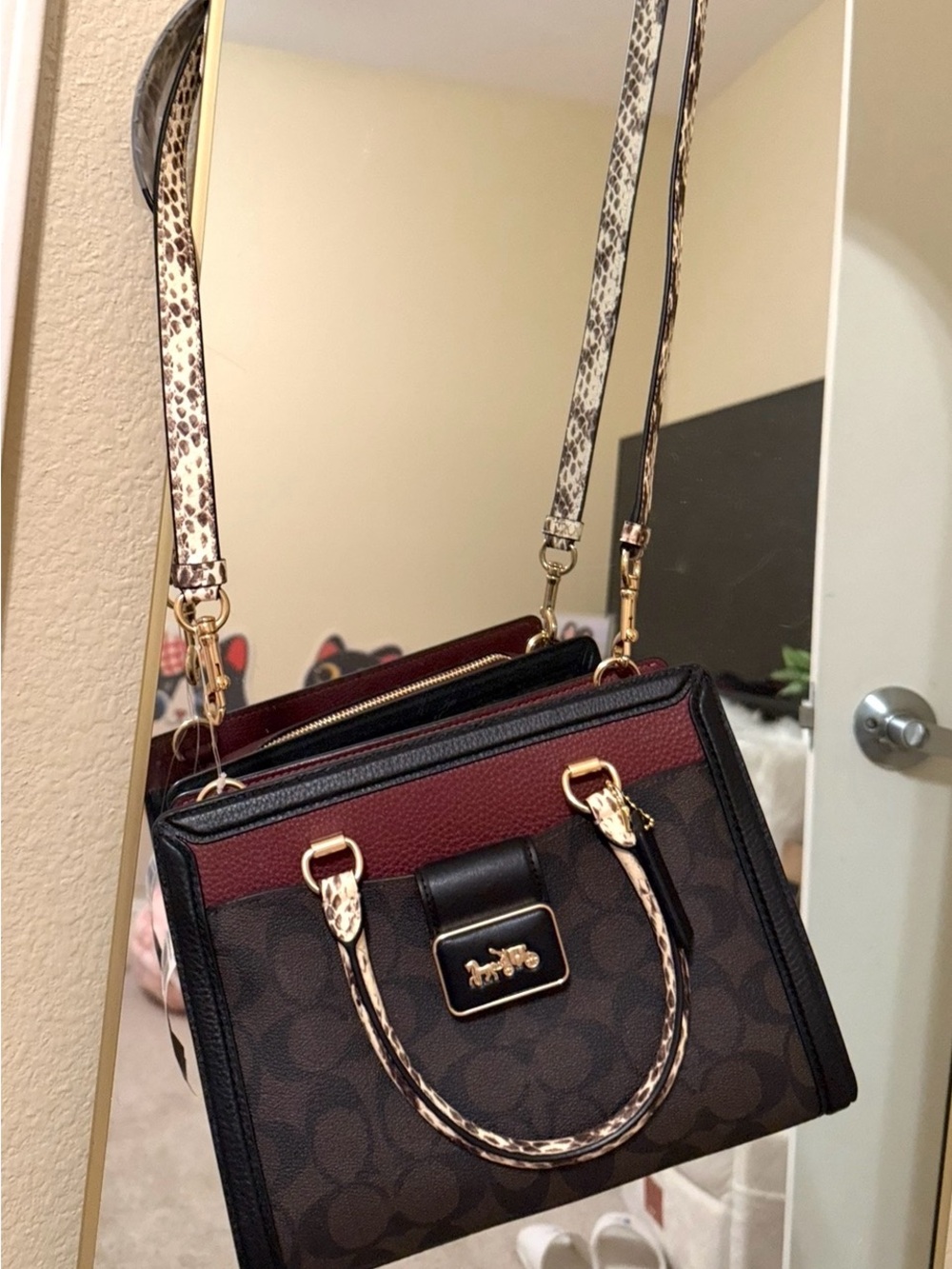 Coach Brown and Burgundy Signature Satchel with Snake-Print Accents